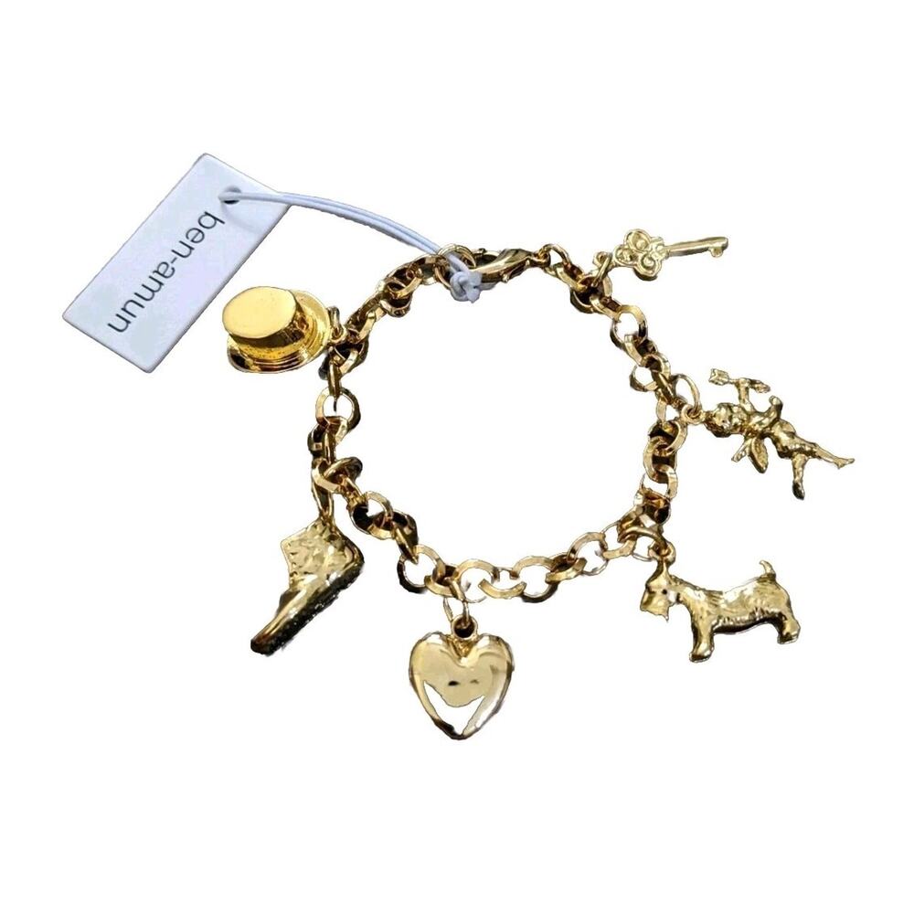 Ben Amun Gold Tone Charms Bracelet New Hat Shoes Dog Heart Key Angel Made In USA